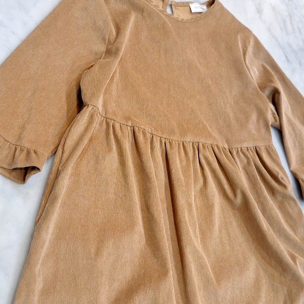 Lightweight Brown Corduroy Ruffle Sleeve Peasant Midi Dress Ces Femme Brand Sz M